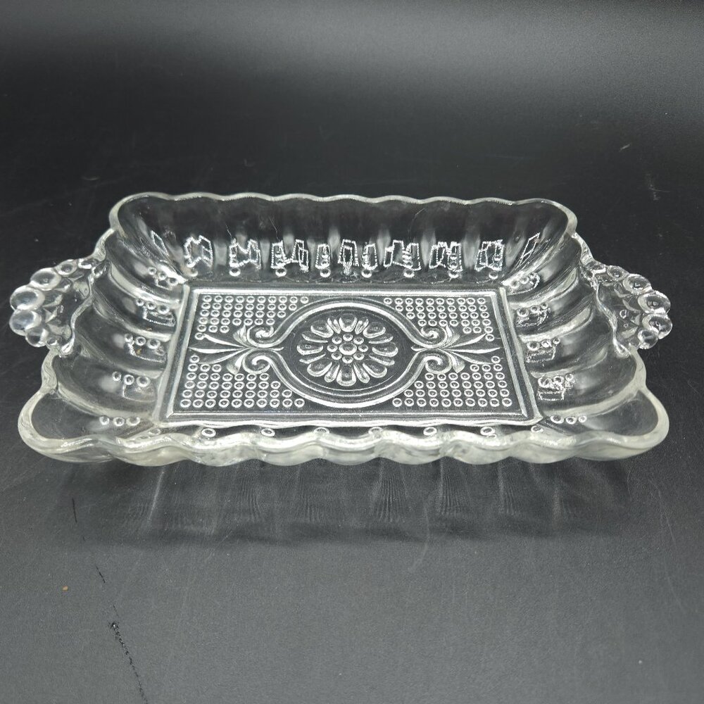 Fancy clear glass dish tray Vintage ornate 5" x 8" dish with handles candy gift